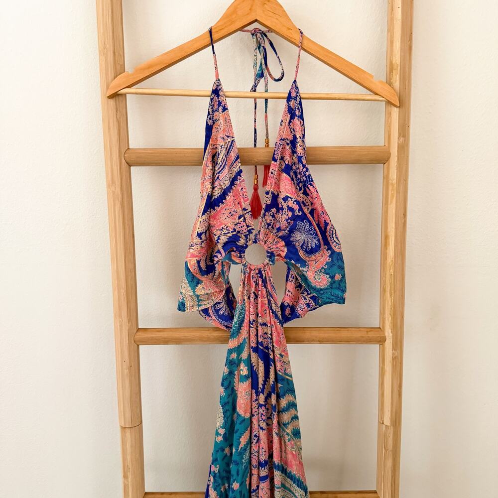 Silk Italy Paisley Maxi Dress Size Small Halter Cutout Open Back Boho Resort - Picture 3 of 8